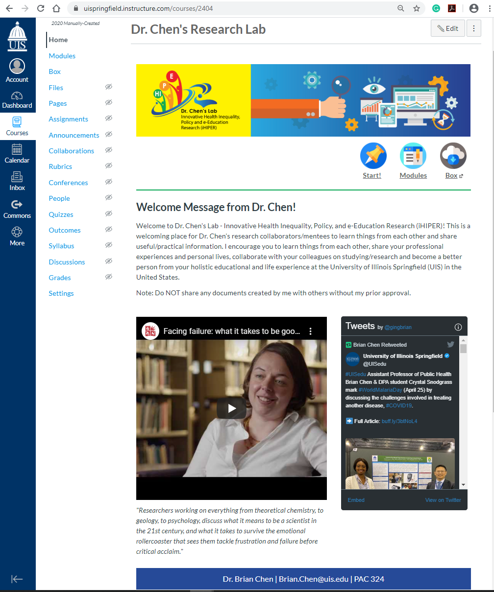 A Twitter Widget is embedded into Course Home Page. An actual Twitter embedded coding is saved as an Html file that I upload to the “Files” and then iframe in a Page. I use Twitter primarily to find resources about research articles and trends to share with my research mentees.